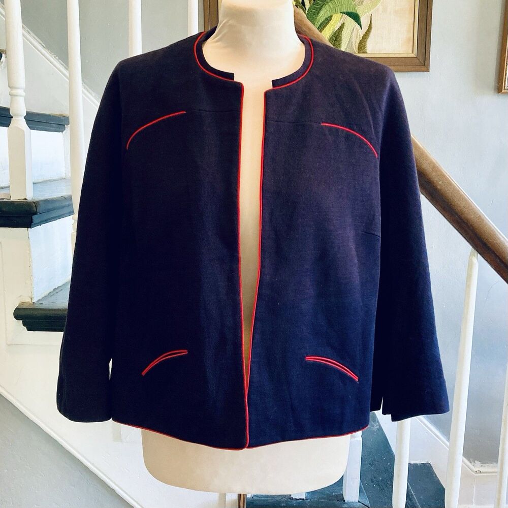 1960s Mod Navy Knit Suiting Cropped Jacket With Red Piping Jackie O Style